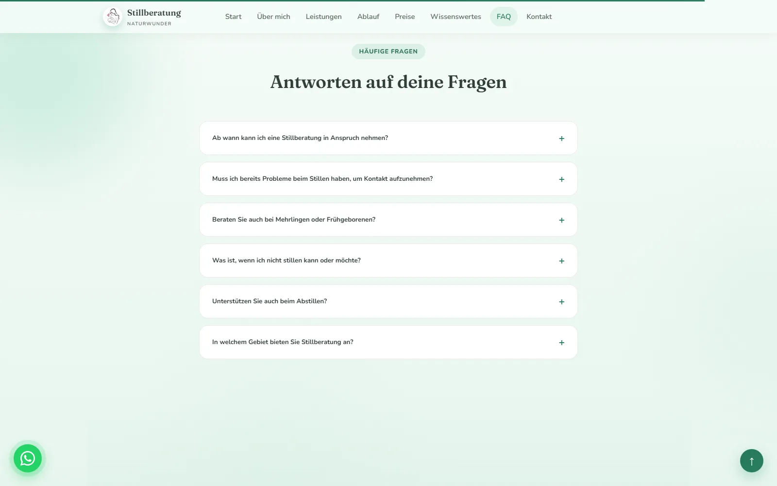 Website Stillberatung Naturwunder, Abschnitt Häufige Fragen