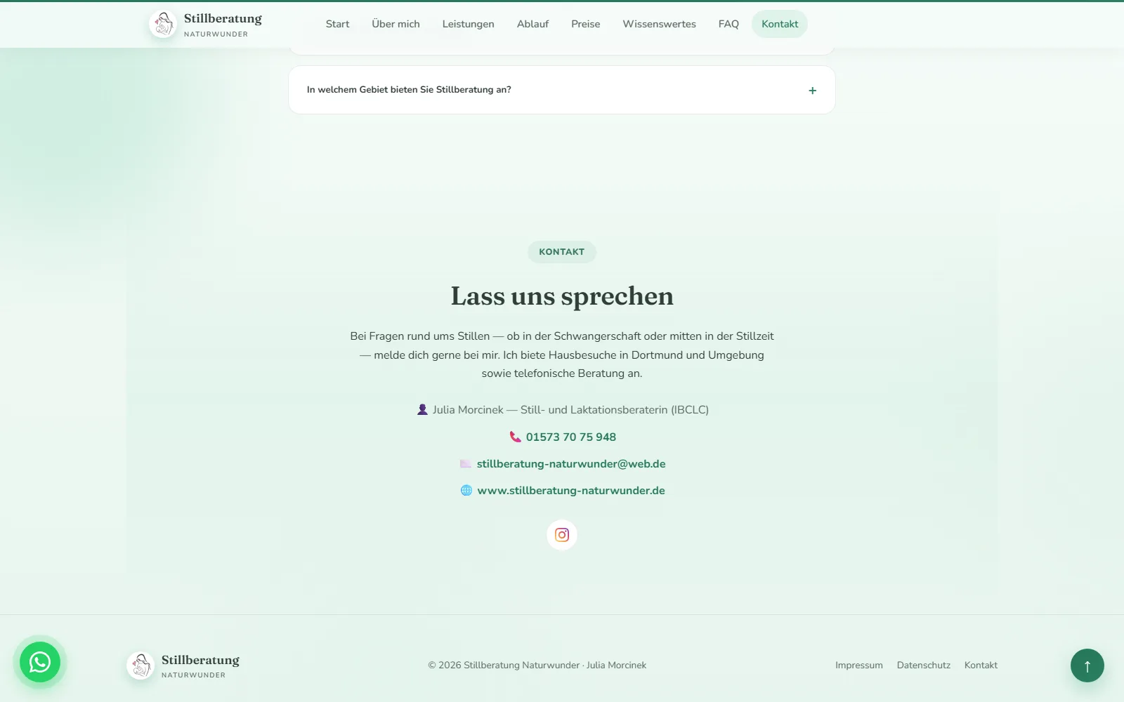 Website Stillberatung Naturwunder, Abschnitt Kontakt