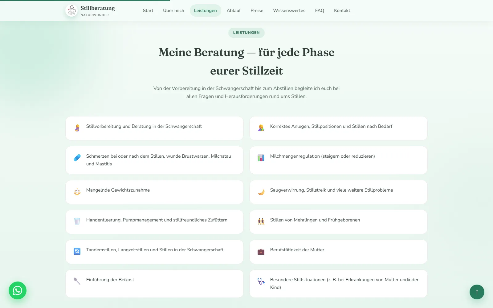 Website Stillberatung Naturwunder, Abschnitt Leistungen